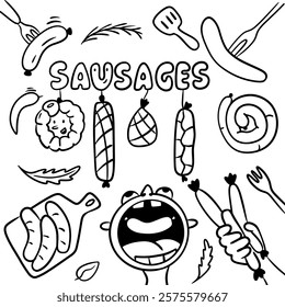 Vector doodle elements of different types of sausages, logo for a sausage shop, sausages on a fork, lettering for a sausage shop, sausages on a chalkboard, character design with sausages