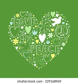 Vector doodle elements on love and peace theme in heart shape on green background