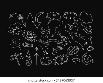 Vector doodle elements set. Arrows, heart,  items for conceptual design. Speech bubble, cloud for text. White icons, isolated background.