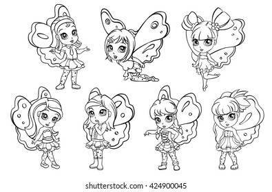 Vector Doodle Elf Fairy Girl Set