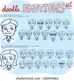 Vector doodle emotions set on business topic with businessman and business woman