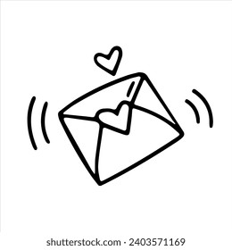 Vector doodle envelope with hearts. Line drawing for card, Valentine's day, birthday, wedding