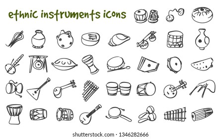 Vector doodle ethnic musical instruments icons set. Stock cartoon signs for design.