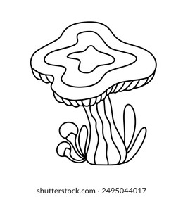 Vector doodle of fantasy mushroom in the grass. Outline drawing of a cartoon mushroom
