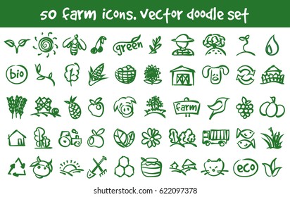 Vector Doodle Farm Icons Set. Stock Cartoon Signs For Design.