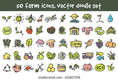 Vector Doodle Farm Icons Set. Stock Cartoon Signs For Design.