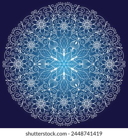 Vector doodle filigrana blanco copo de nieve grande en un fondo degradado azul oscuro. Para Navidades y diseño de Nuevo año