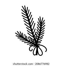 Vector doodle fir branch with tied bow isolated on white background.
