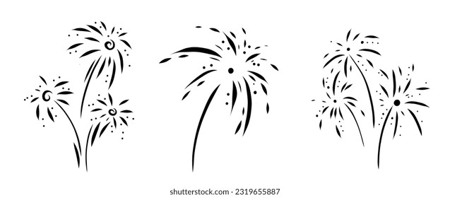 Vector doodle firecrackers fireworks illustration isolated on white in doodle comic scribble sketch style collection. Holiday sparkling burst party in the sky.