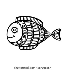 Vector doodle fish, hand drown, black silhouette on white. Isolated.