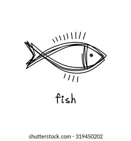 Vector doodle fish icon. Logo design template. Cute hand drawn childish linear illustration for print, web