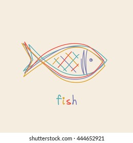Vector doodle fish icon. Logo design template. Cute hand drawn childish linear illustration for print, web
