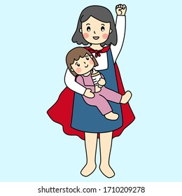Vector de caricaturas de diseño plano de doodle, mamá sostiene a su hija en los brazos, sus hijos aman a su madre superheroína