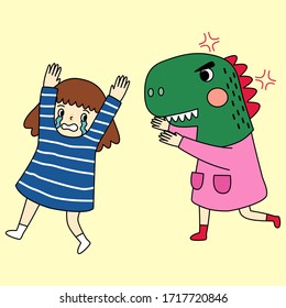 Vector of doodle flat design character role play dragon head doll of friend two. Girls play together illustration. They laugh and cry
