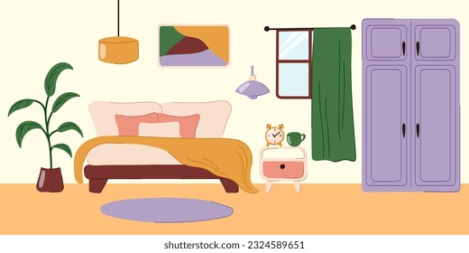 Vector doodle flat interior of bedroom. Living apartment with furniture - double bed, dresser, carpet and house plant. Vector illustration.