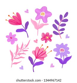 Vector doodle floral elements. Decorative flowers and branches for the design of cards and posters.