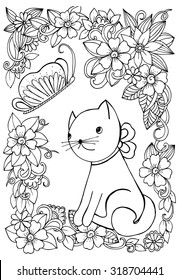 Vector doodle floral frame around the cat