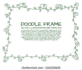 Vector Doodle Floral Frame Template, Green Linear Drawing, Hand Drawn Background.