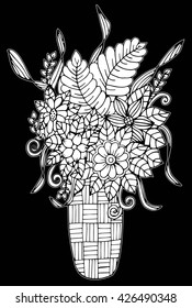 Vector doodle floral illustrated in black and white. Bouquet of flowers in a vase, hand drawing