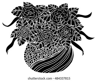 Vector doodle floral illustrated. Bouquet of flowers in a vase, hand drawing