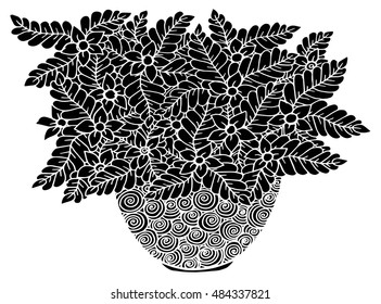 Vector doodle floral illustrated. Bouquet of flowers in a vase, hand drawing