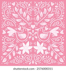 Vector doodle floral pattern with birds and flowers in pink background. Vector illustration for your design