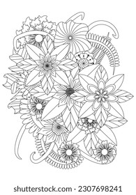  Vector doodle floral pattern in black and white.Doodle flowers for coloring page.Vector black and white colorin page for colouring book.