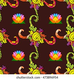 Vector doodle floral pattern with colorful lotus flowers, green and yellow stripes leaves on the dark brown background. Vector bright color illustration of the seamless pattern.
