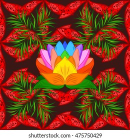 Vector doodle floral pattern with colorful lotus flowers, green leaves on the dark brown background. Vector bright color illustration of the seamless pattern.