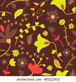 Vector doodle floral pattern with red flowers, green branches, yellow leaves on the dark brown background. Vector bright color illustration of the seamless pattern. 
