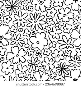 Vector doodle floral seamless pattern. Hand-drawn flower seamless fabric design. Blossoming design