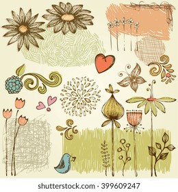 Vector doodle floral set. Based on an ink drawing.