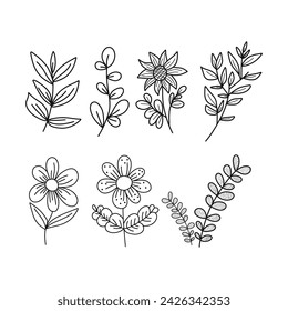 Vector doodle floral set on white isolated background. Clean style. For prints, emblems, icons