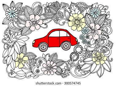 Vector doodle flower frame and a red car in center