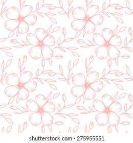 Vector doodle flower and leaves seamless pattern. Pink lined cute flowers