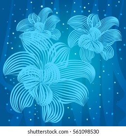Vector doodle flower of the lines. Blue color floral background with glow.