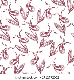Vector doodle flower sketch taiga orchid venus slipper seamless pattern. Black outline illustration, drawing isolated on a white background, drawn by hand.