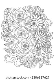 Flores de doodle vectoriales en blanco y negro. Patrón floral. Coloriendo páginas para adultos.