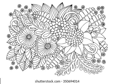 Vector doodle flowers in black and white for coloring pages