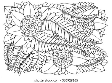 Vector doodle flowers in black and white. Floral pattern. 