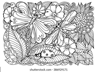 Vector doodle flowers in black and white. Floral pattern with dragonfly, ladybug, butterfly