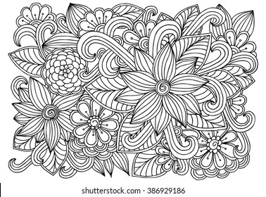Vector doodle flowers in black and white. Floral pattern. 