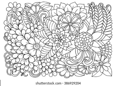 Vector doodle flowers in black and white. Floral pattern. 