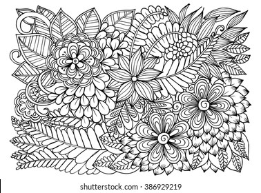 Vector doodle flowers in black and white. Floral pattern. 