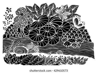 Vector doodle flowers in black and white. Floral pattern with butterflies, hand drawing