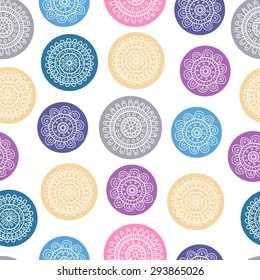 Vector doodle flowers in color circles. Seamless pattern, yellow. pink, purple, grey and blue colors.
