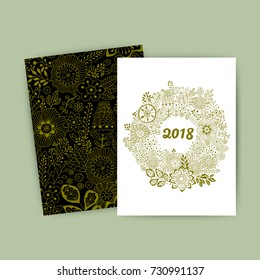 Vector doodle flowers colorful circular Christmas wreath with flowers and central white copyspace for your text. Vector handdrawn sketch. Pattern under mask.