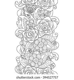 Vector doodle flowers and leaves seamless border. Zentangle style decorative element.