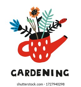 Vector doodle flowers in a red watering can with white peas gardening