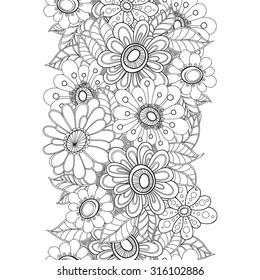 Vector doodle flowers seamless border. Zentangle decorative element.